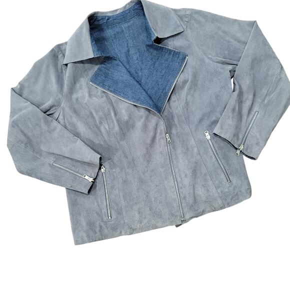 Vintage Gray Suede and Denim Reversible Moto Jacket With Zip Cuffs Slanted Zip - Picture 1 of 11